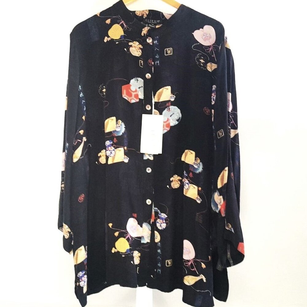 Citron Silk Longline Blouse Jacket Womens 3X Black Floral Mandarin Asian Luxury